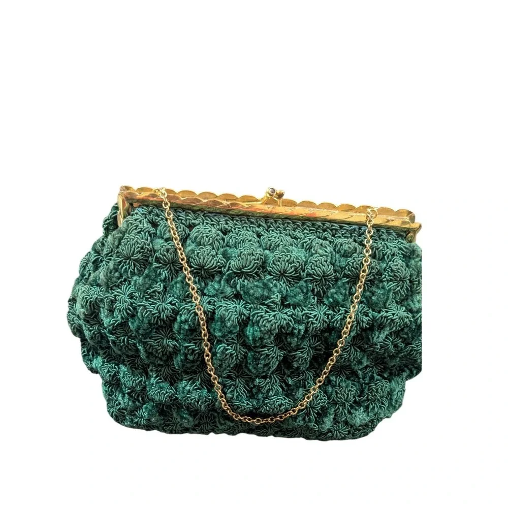 Vintage Emerald Green Pom-Pom Cordé Tapestry Handbag‎ Gold Frame
